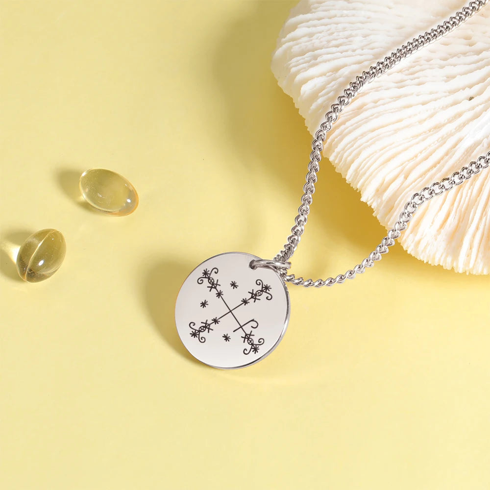 LIKGREAT Vodou Voodoo Pendant Necklaces Stainless Steel Agwe Ezili Dantor Ogoun Gran Bwa Papa Legba Veves Symbol Amulet Jewelry