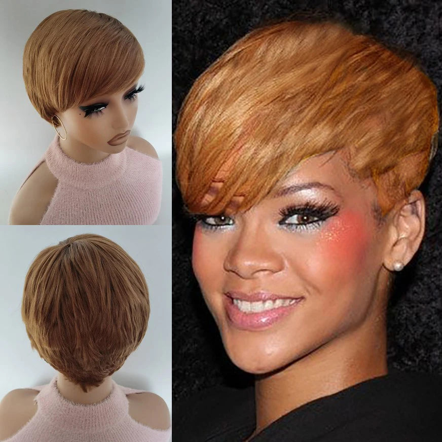 WIGERA Highlight Synthetic Wigs Short Straight Pixie Cut Hair Bob Wig Honey Gold Mix Black Hair For Woman