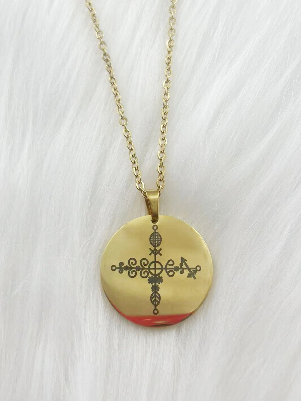 WOUWU Stainless Steel Jewelry Voodoo Veve Symbols Sigil Charm Vodou Lwa Loa Laser Engraving Amulet Talisman Pendant Necklace