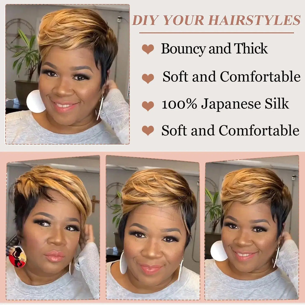 WIGERA Highlight Synthetic Wigs Short Straight Pixie Cut Hair Bob Wig Honey Gold Mix Black Hair For Woman