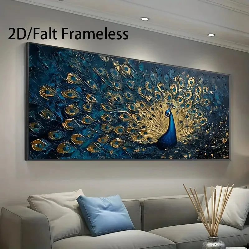 2D/Flat Large Modern Elegant Peacock Canvas Wall Art Unframed Abstract Vivid Blue and Golden Canvas Prints for Living Room Decor