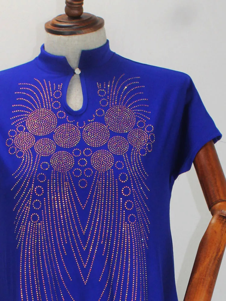 New African Design Bazin  Long Stick Diamond Short Sleeve High Collar Dashiki  For Lady african print dresses