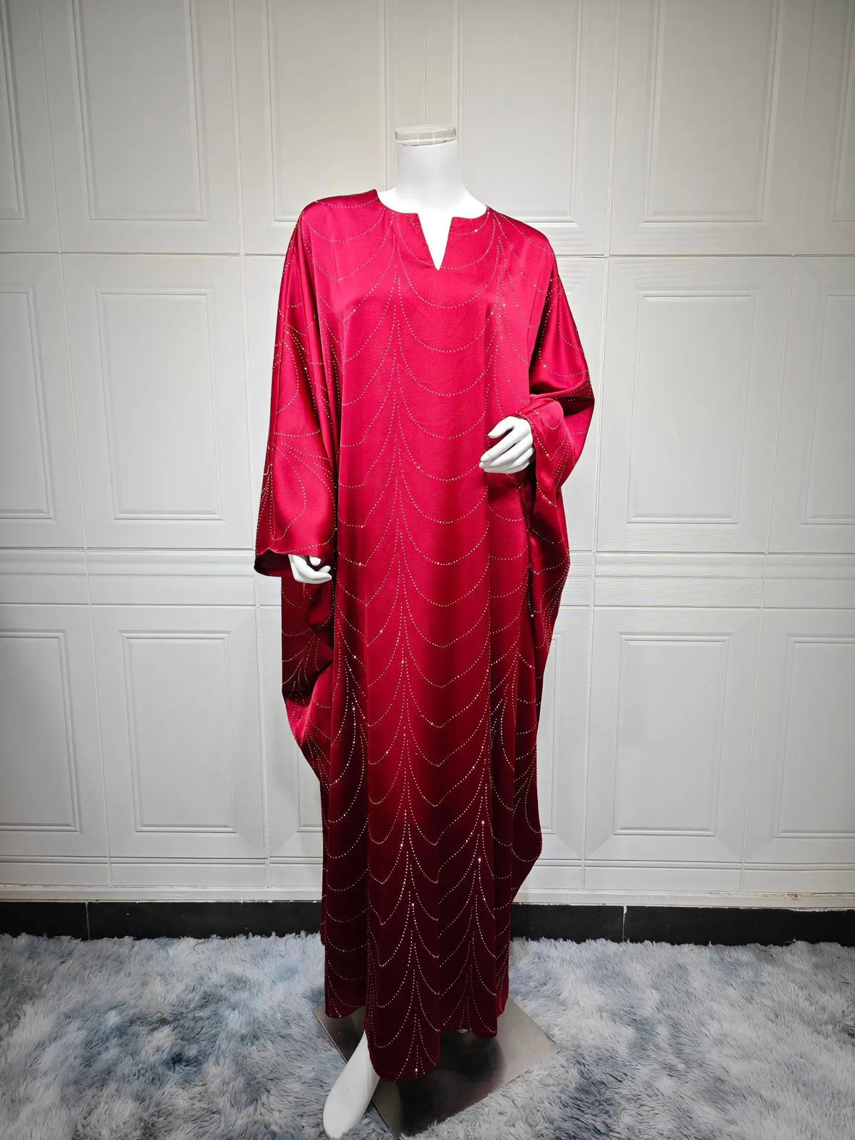 Muslim Women Loose Fit Rhinestone Wave Embellished V Neck Open Front Abaya Dress Wide Sleeve Modest Dress