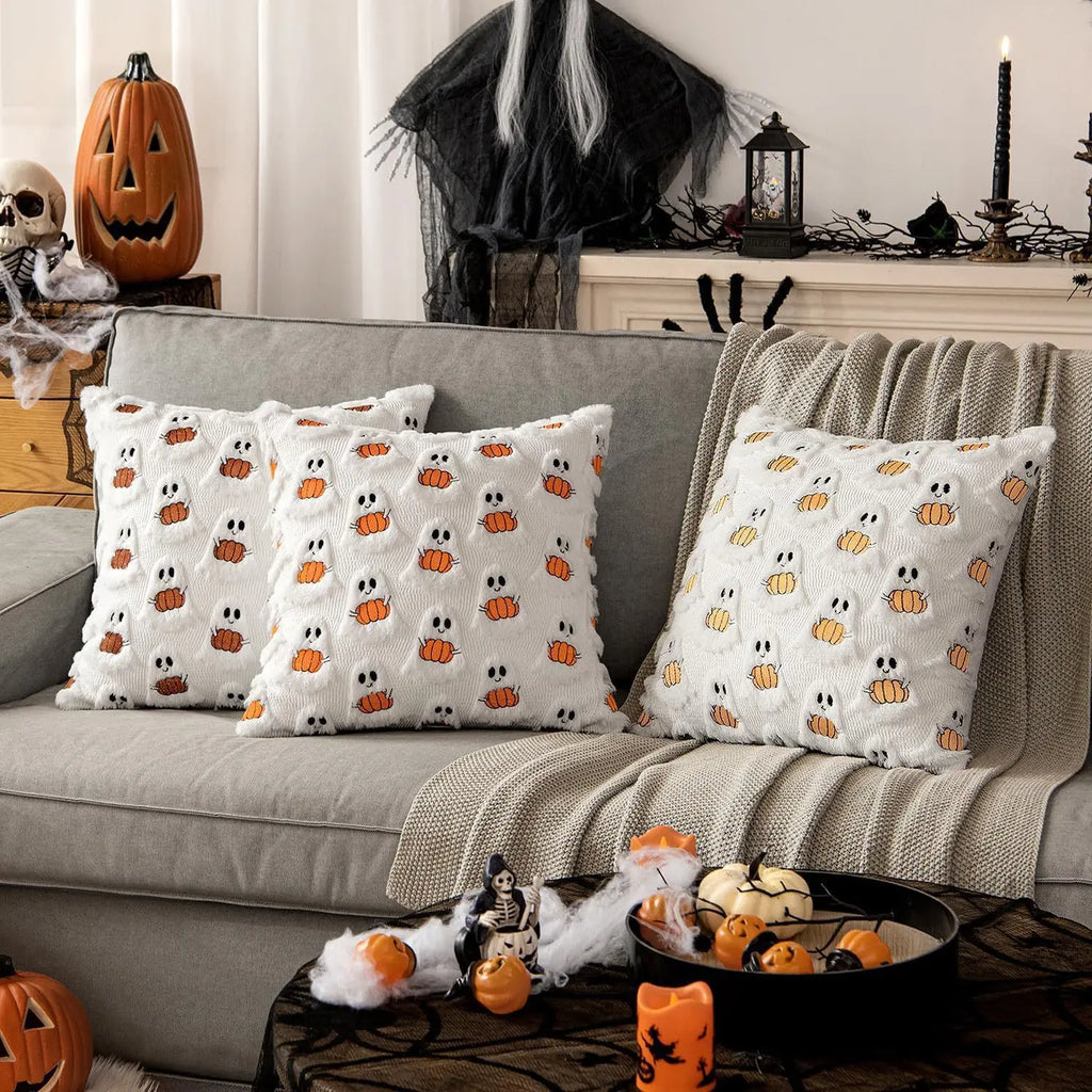 Halloween Pumpkin Ghost Plush Pillowcase Cover Fun Holiday Decoration Cushion for Living Room