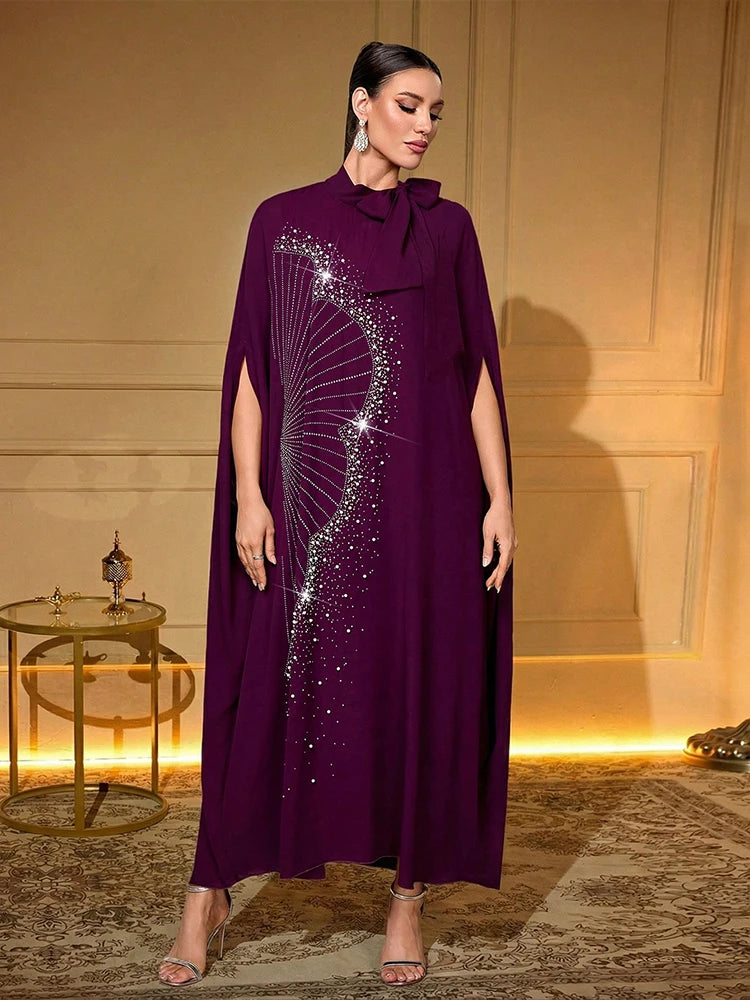 TOLEEN Luxury Rhinestone Fan Pattern Abaya Bow Collar Batwing Sleeve Loose Maxi Kaftan Dubai Muslim Party Dress For Women