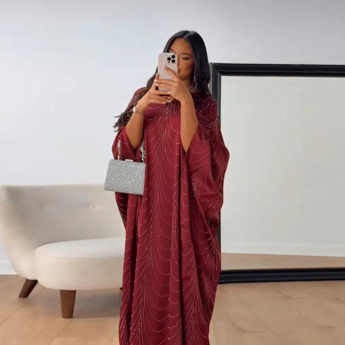 Muslim Women Loose Fit Rhinestone Wave Embellished V Neck Open Front Abaya Dress Wide Sleeve Modest Dress