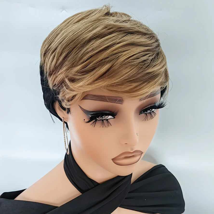 WIGERA Highlight Synthetic Wigs Short Straight Pixie Cut Hair Bob Wig Honey Gold Mix Black Hair For Woman