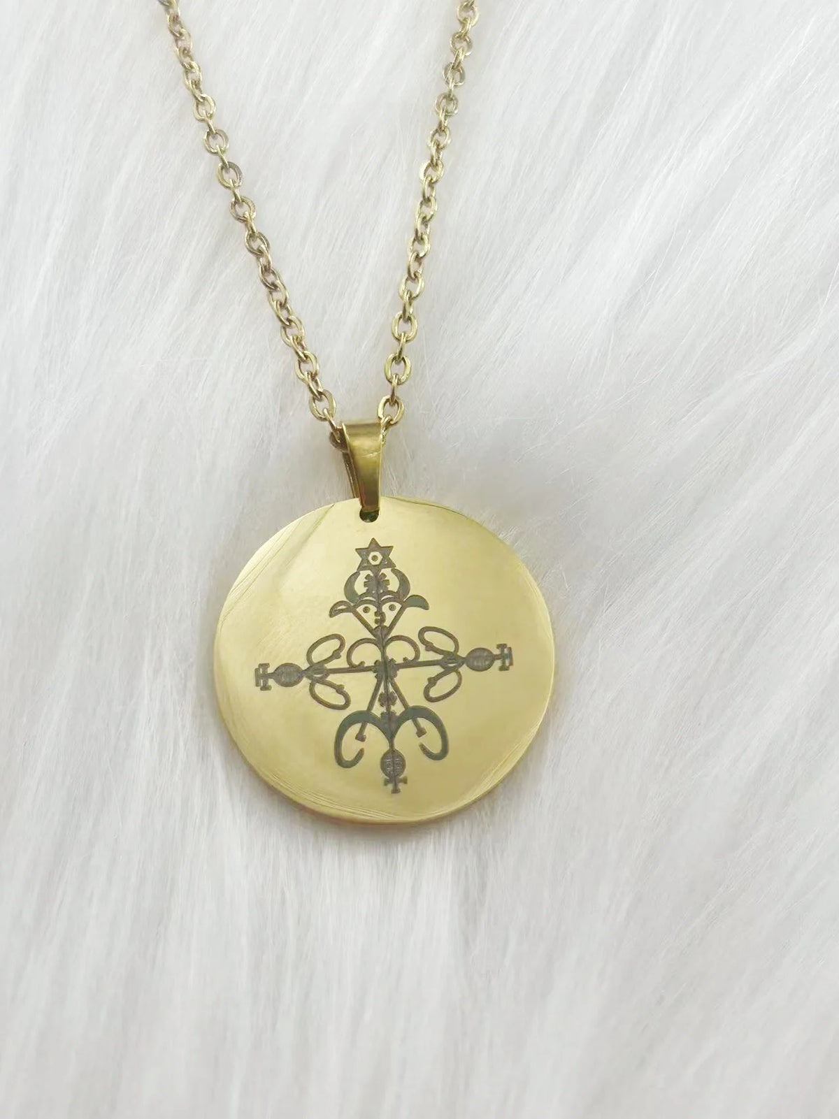 WOUWU Stainless Steel Jewelry Voodoo Veve Symbols Sigil Charm Vodou Lwa Loa Laser Engraving Amulet Talisman Pendant Necklace