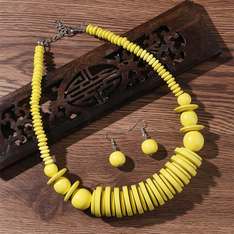 African Jewelry Set Wood Beads Necklace Set Bohemia Vintage Beaded Choker for Women Earrings Set Wedding Party Jewelry Gifts