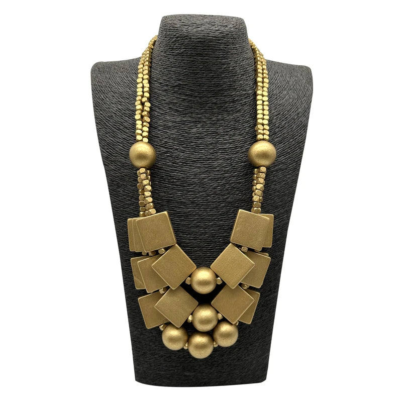 Boho Red Geometric Woods Necklaces For Women Long Wooden Beads Pendant Statement Necklace Beaded Ethnic Jewelry Handmade