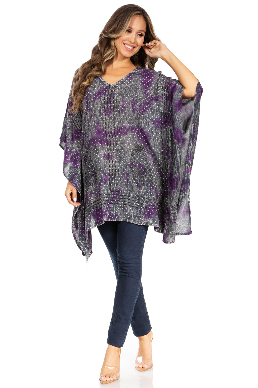 Sakkas Adalwin Third Tie Dye Desert Sun Circle Ponch Tunic Top Blouse W/Embroidery