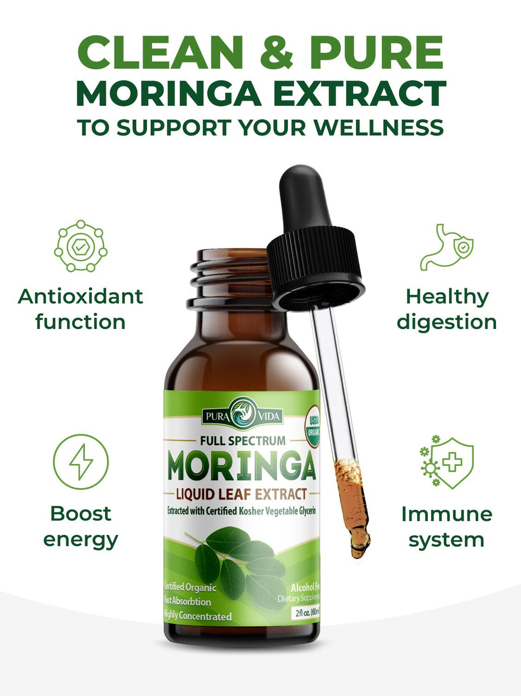 Moringa Leaf Extract Drops Pura Vida 2fl oz (60ml)