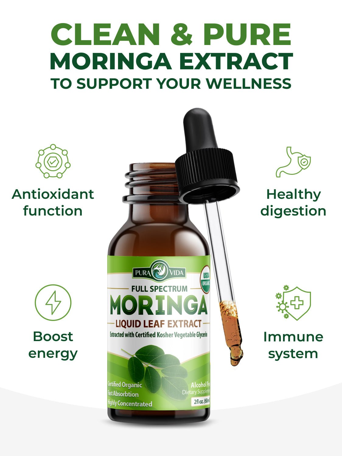 Moringa Leaf Extract Drops Pura Vida 2fl oz (60ml)